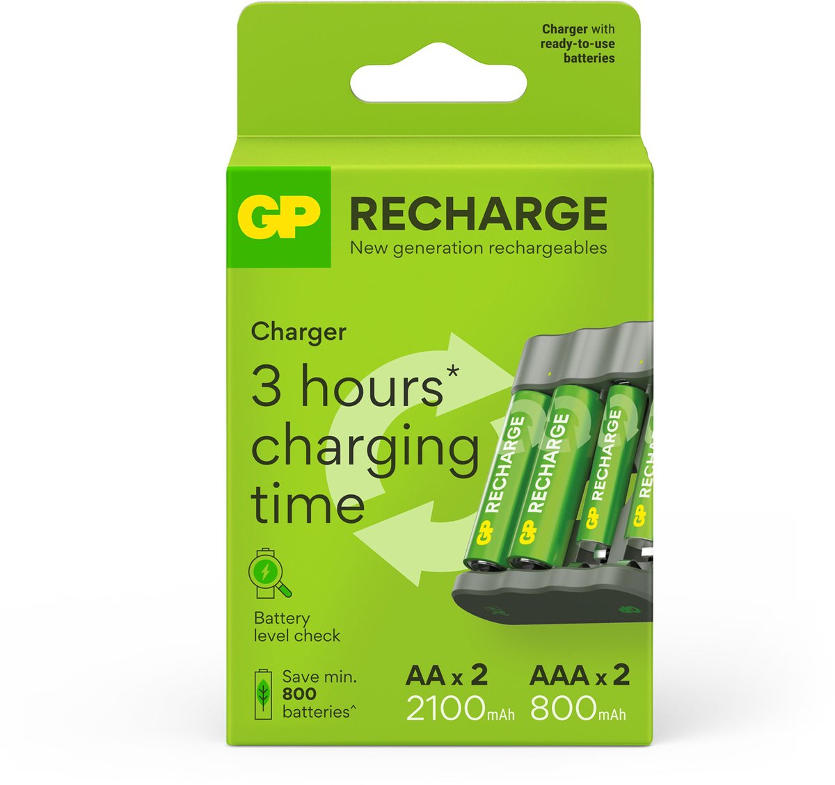 GP RECHARGE B441 Charger + AA 2100 mAh & AAA 800 mAh Rechargeable Batteries (2 + 2 Pack)